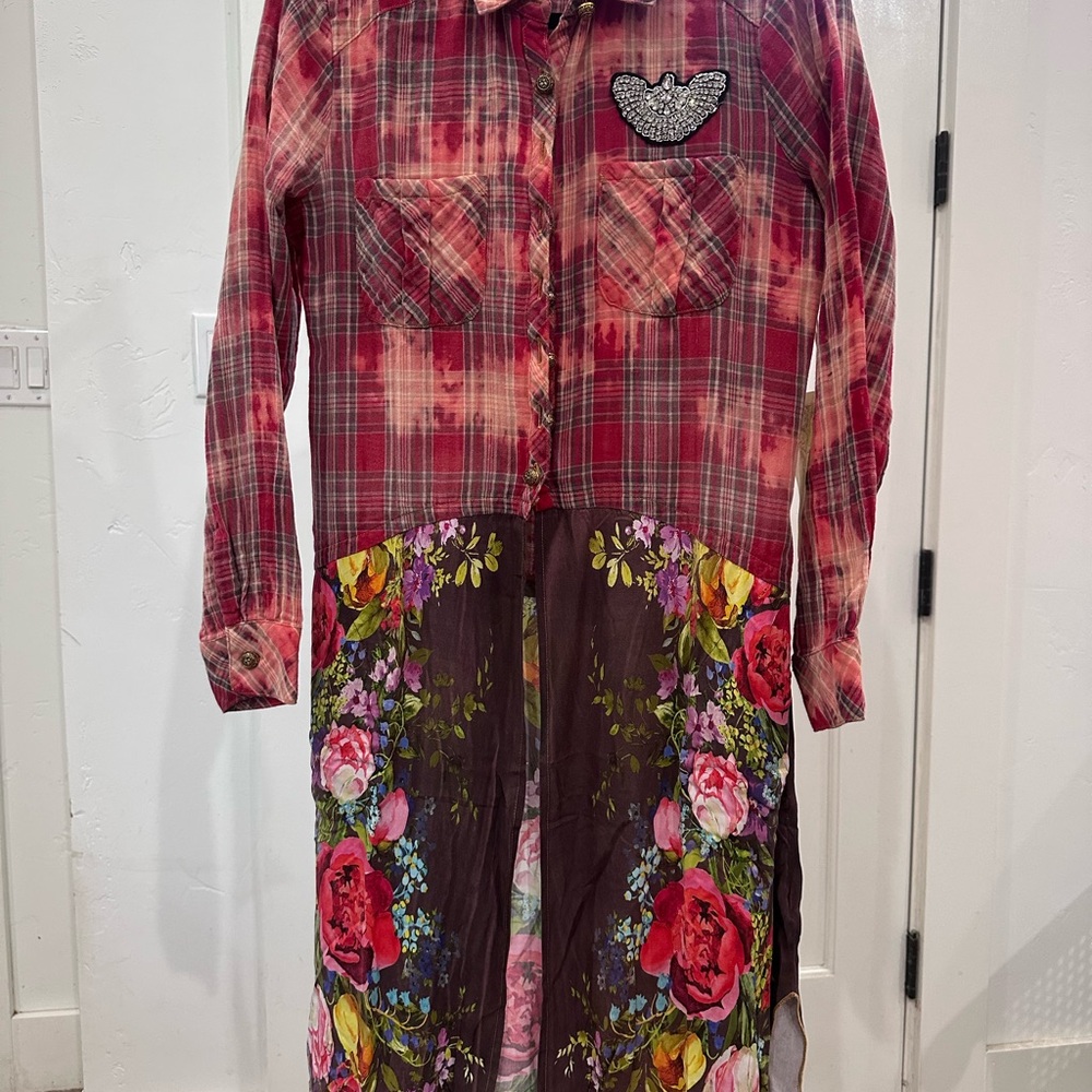 Aratta Red Plaid Button-Up Shirt Dress Duster